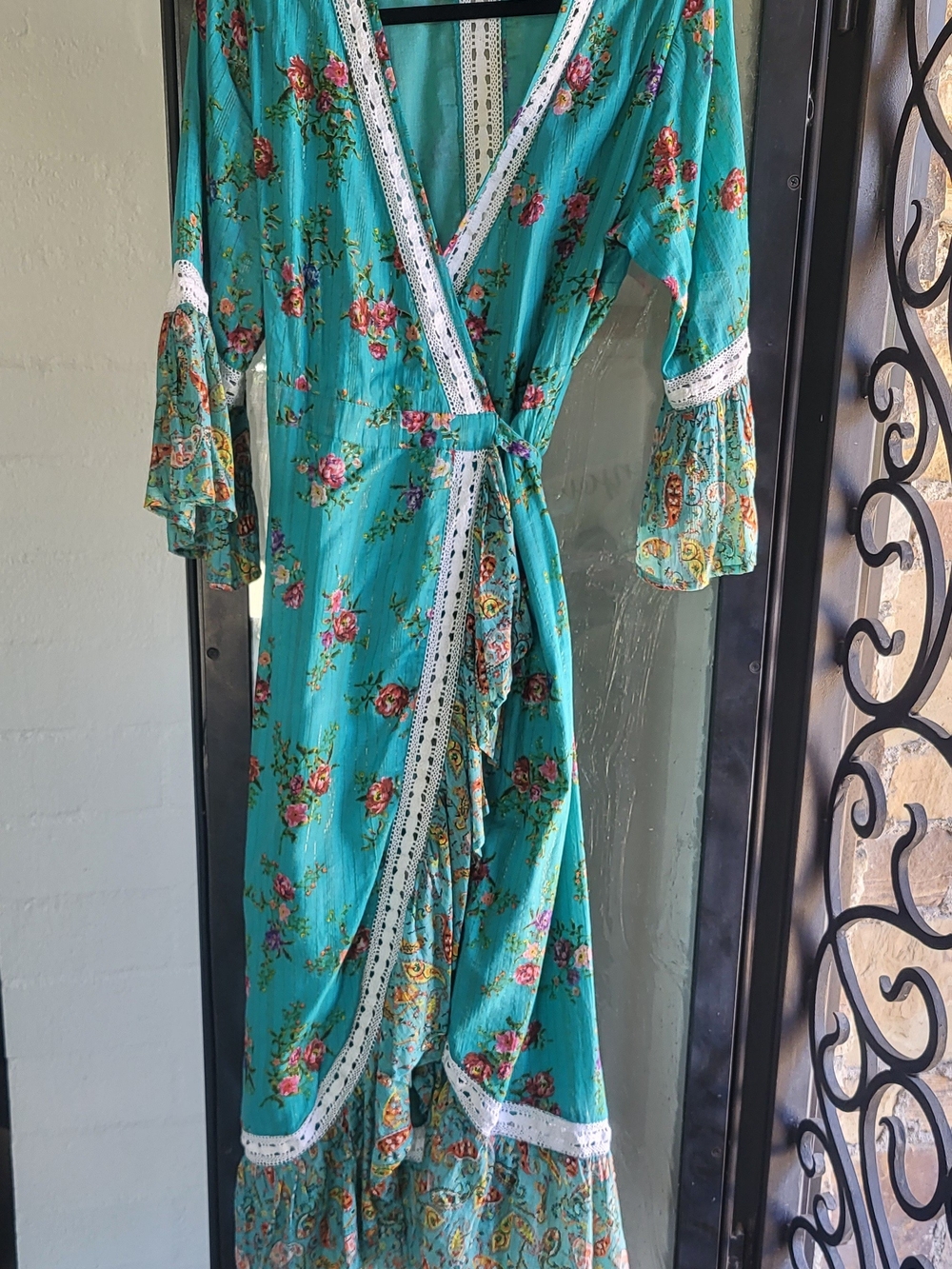 Floral Teal Wrap Maxi Dress with Lace Trim